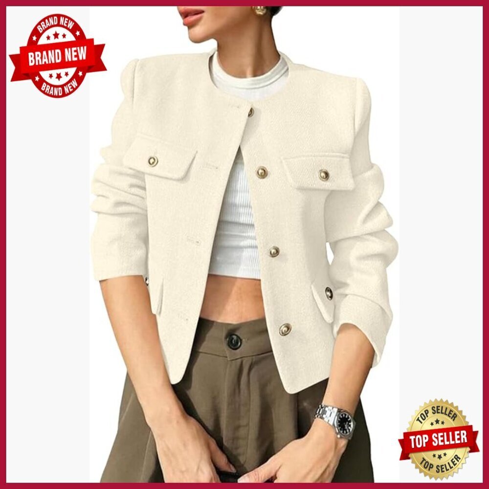 Cropped Tweed Blazer Collarless Button Down Business Casual Jacket